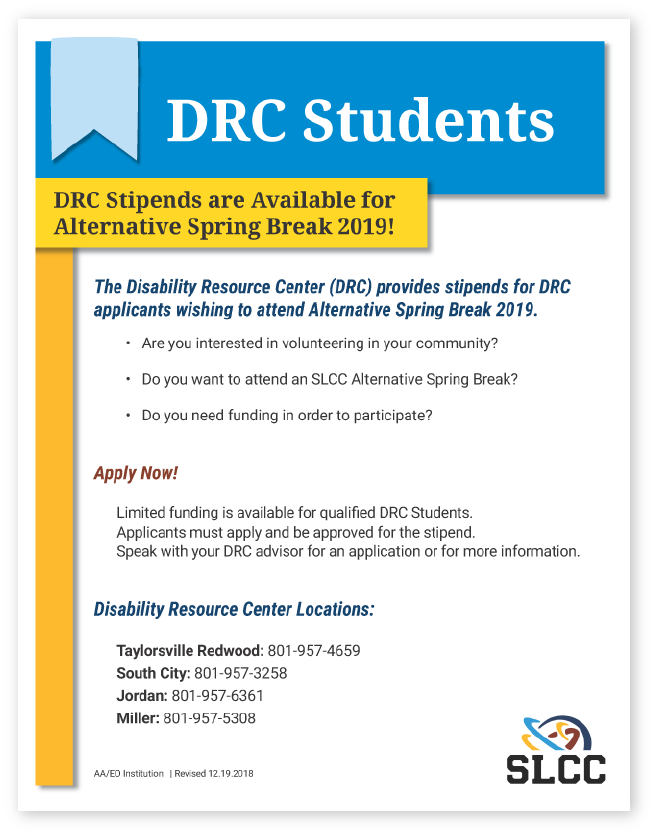 Flyer for DRC Alternative spring break stipends. Theme is clean and colorful.