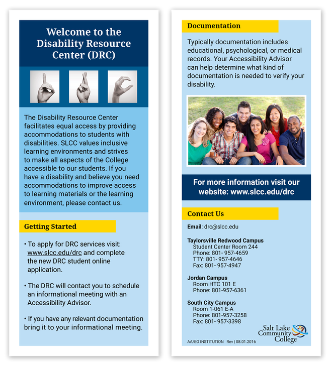 Disability Resource Center Department informational brochure. Theme is colorful and clean and features pictures of hands spelling the letters D, R, C in American Sign Language, and diverse people. Contents include details about department.
