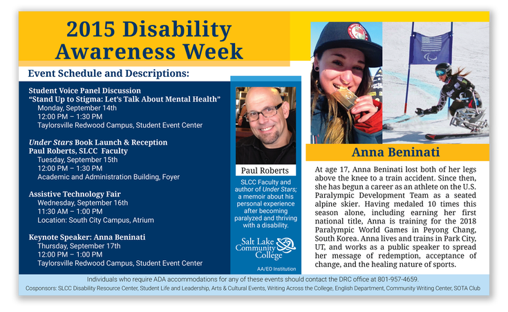 Newspaper advertisement for 2015 Disability Awareness Week. Features event information, and keynote presenter profiles. Theme is overlapping rectangles with various levels of opacity.