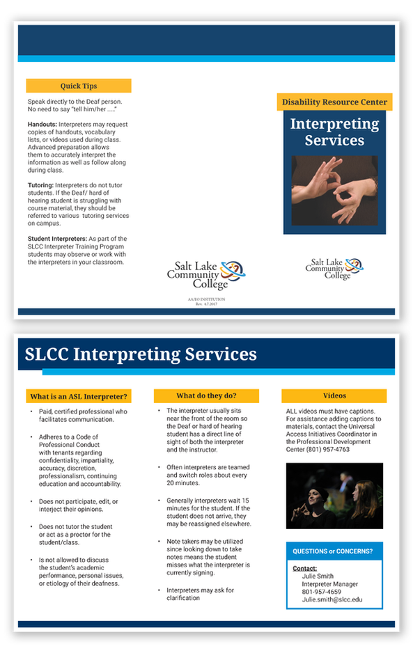 DRC Interpreting Services tri-fold brochure, outlining summary of purpose, services and contact information. Theme is clean and minimalistic with header accent rectangles in branded colors. Features pictures of interpreters and hands signing ASL.