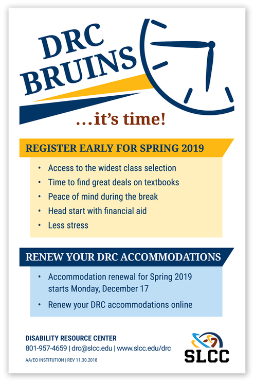 Flyer with clock-theme prompting students to register early for their classes. Colors are SLCC Brand blue and yellow. Theme is clean and modern.