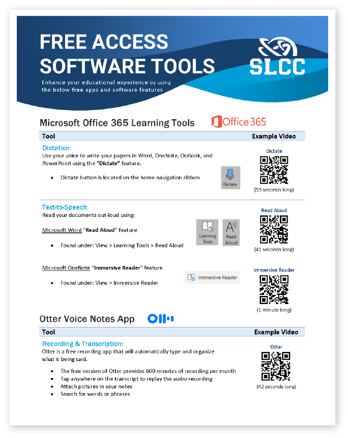 Informational flyer about free AT resources, featureing details and QR code links to demo videos.