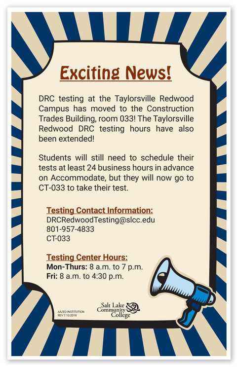 Retro megaphone themed flyer soliciting the new SLCC testing center. Colors used are SLCC brand cream, navy, and rust red.